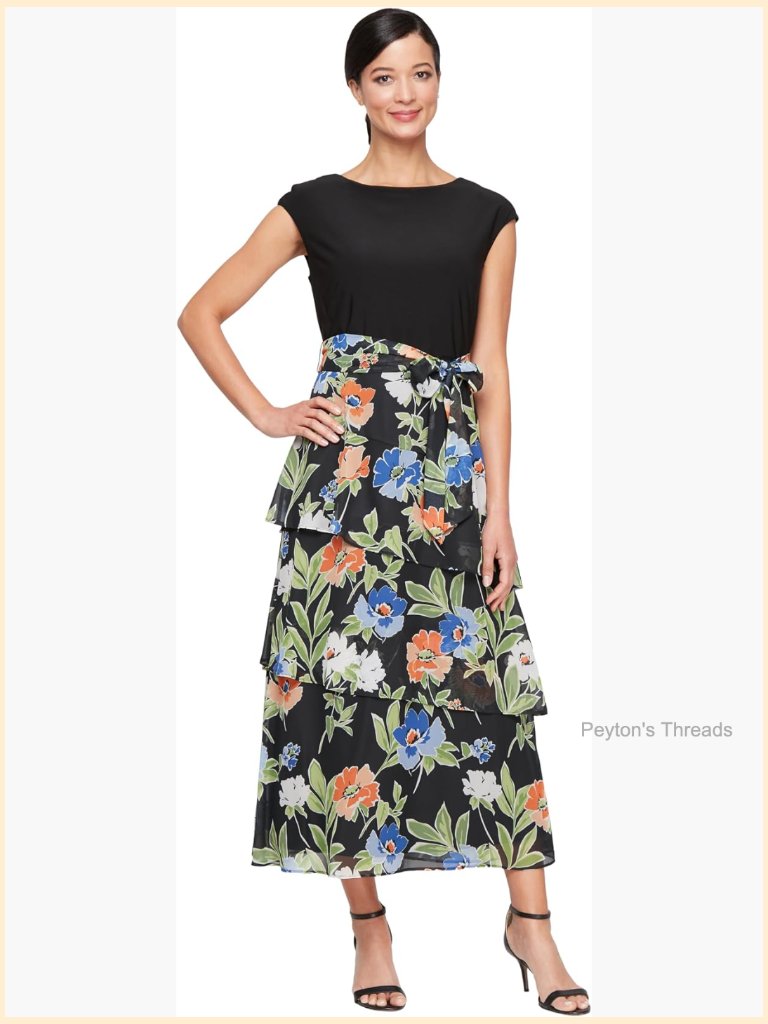 Women's Wedding Guest Dress With Stretch Knit Bodice, Cap Sleeve, A-Line Midi